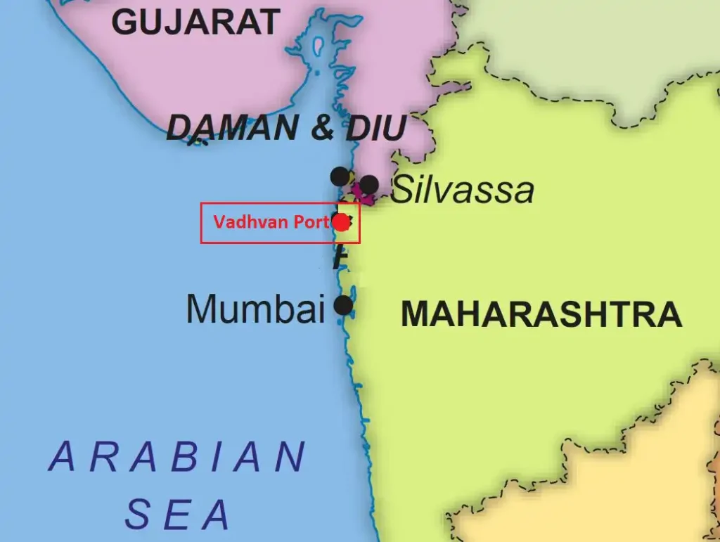 Map showing Vadhvan Port location on Maharashtra coast near Palghar district